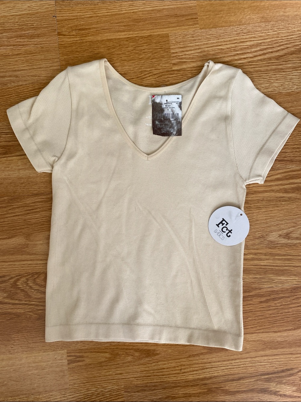 5 for $25! Ribbed V-Neck Short Sleeve Top in Cream